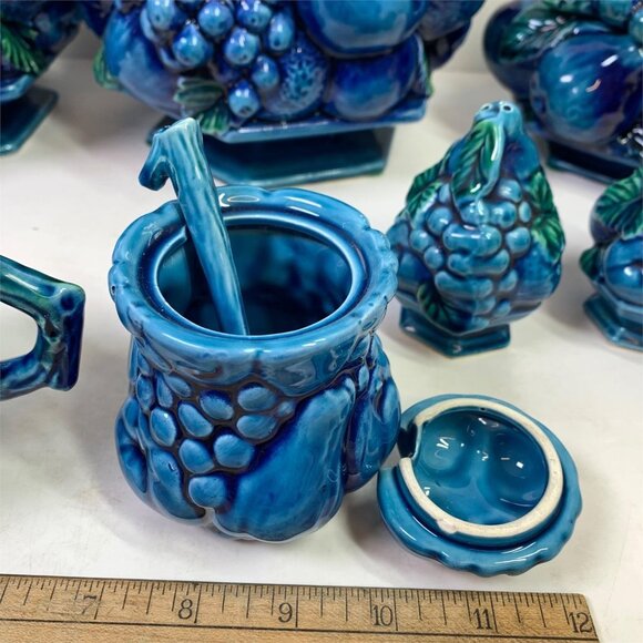 1960'S Inarco ‘Blue Mood Indigo’ Fruit Canister Set W/ Creamer, Sugar & Shakers - Picture 5 of 16
